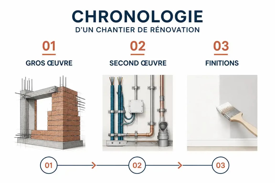 Infographie chronologique des étapes de rénovation d'une maison et ordre d'intervention des artisans
