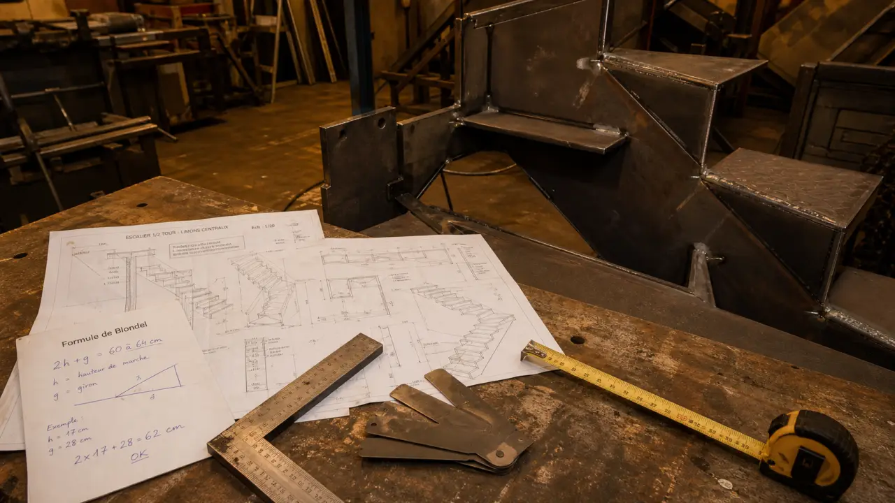 Fabriquer un escalier en metal : cotes et formule de Blondel en atelier