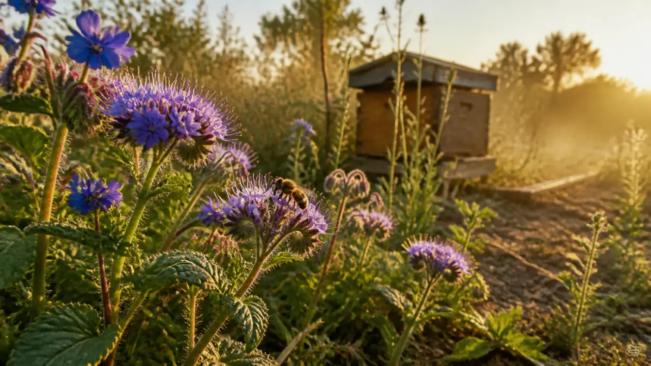 Plantes mellifere : abeille sur fleurs de bourrache et phacélie