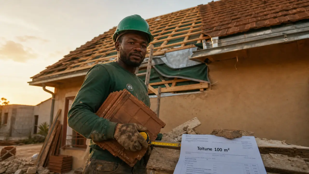 Prix d une toiture 100m2 : couvreur mesure les tuiles sur chantier