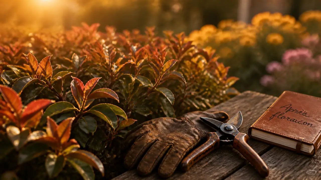 Quand tailler les photinia : après floraison au printemps, haie de photinia taillée