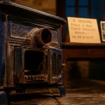 Vieux poele a bois en fonte émaillée, porte entrouverte, prix et pièges à éviter