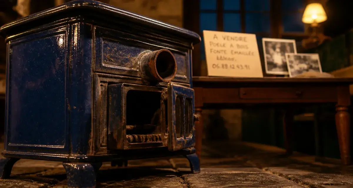 Vieux poele a bois en fonte émaillée, porte entrouverte, prix et pièges à éviter