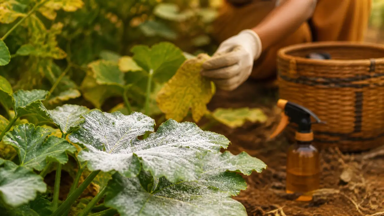 Feuilles de courgette avec voile blanc (oïdium) : traitement oidium courgette