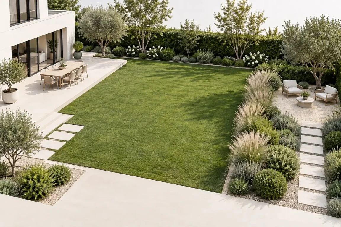 Photo d'aménagement du jardin familial avec terrasse, espace de jeux et coin détente
