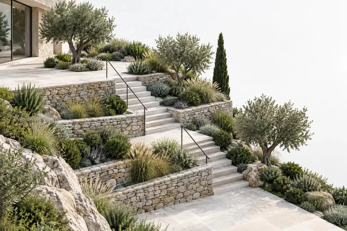 Photo d'aménagement du jardin en pente avec terrasses et cheminement sécurisé