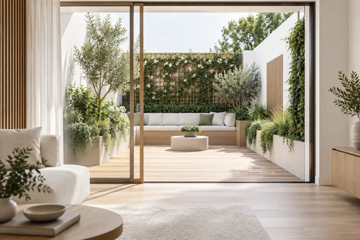 Photo d'aménagement du jardin de ville avec plantations verticales et terrasse compacte
