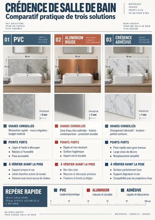 Infographie comparative des matériaux pour une crédence salle de bain en PVC, aluminium et adhésif