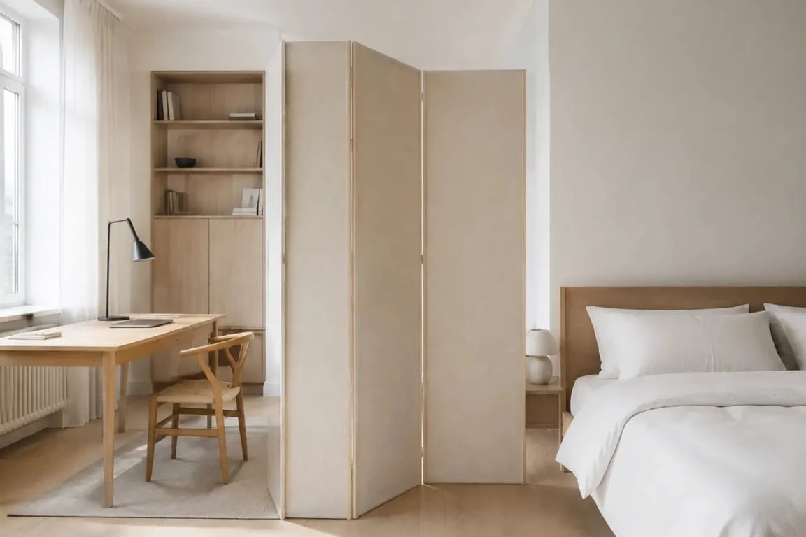 Paravent décoration intérieure dans un studio avec séparation douce entre bureau et lit
