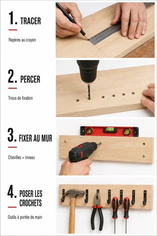 Rangement outils mural fait maison : fixation d’un panneau bois au mur avec perceuse et niveau