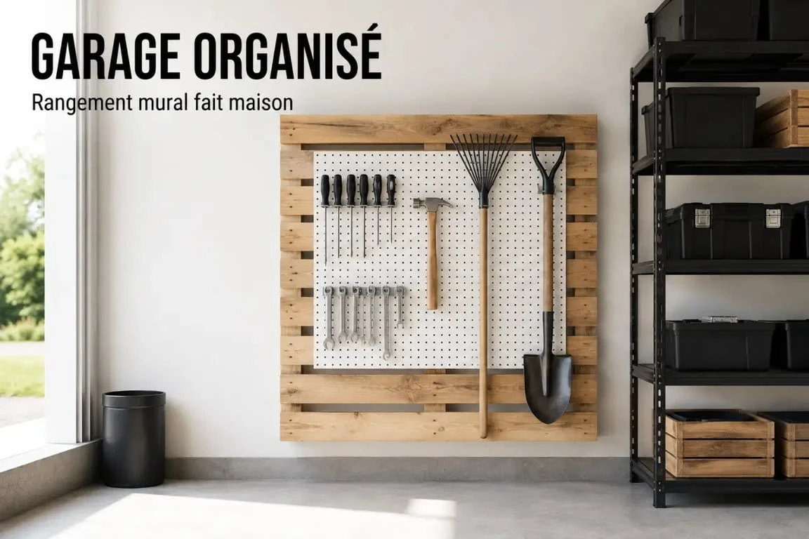 Rangement outils mural fait maison dans un garage avec palette, crochets et panneau perforé