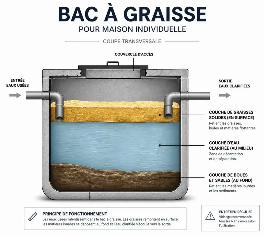 Schéma de fonctionnement d'un bac à graisse maison individuelle montrant la séparation des graisses et des boues