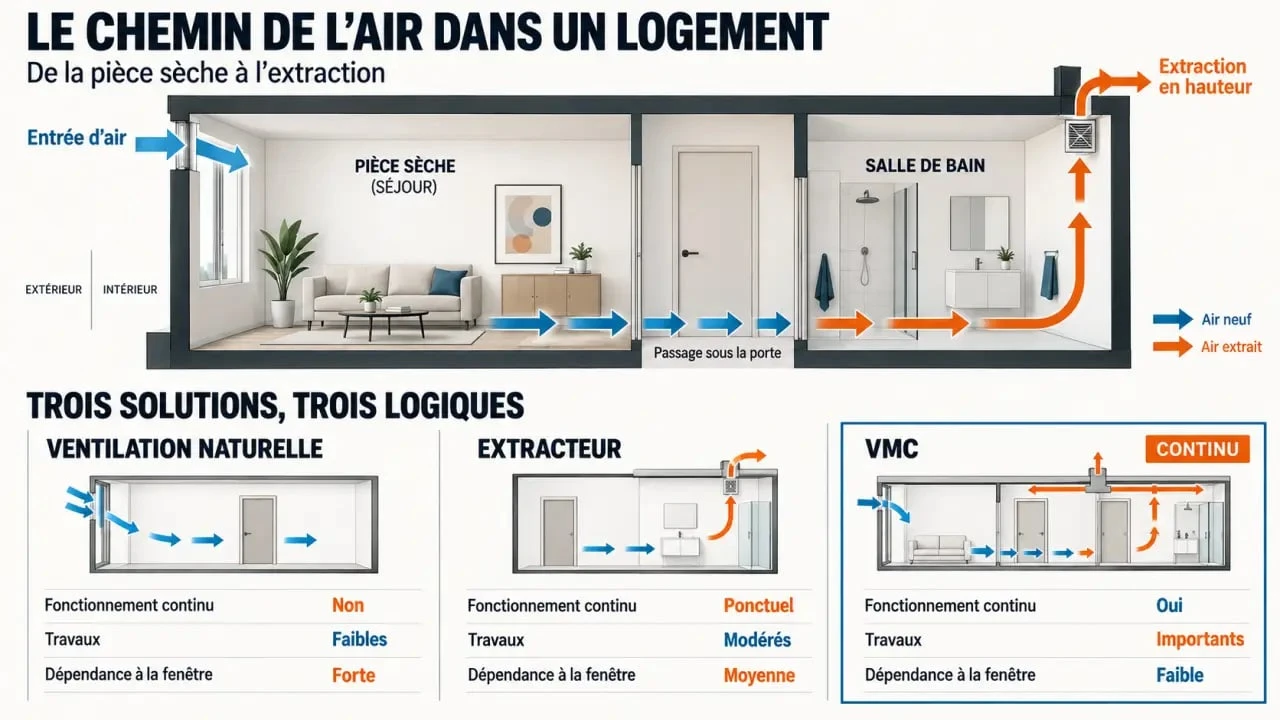Schéma de ventilation dans une salle de bain montrant le chemin de l’air vers l’extérieur