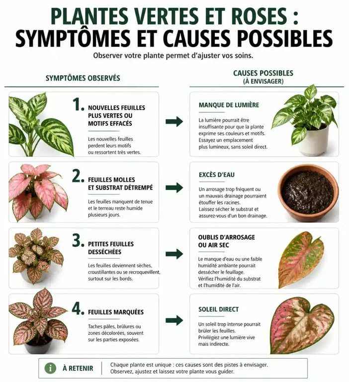 Infographie des symptômes et causes possibles pour entretenir des plantes vertes et roses