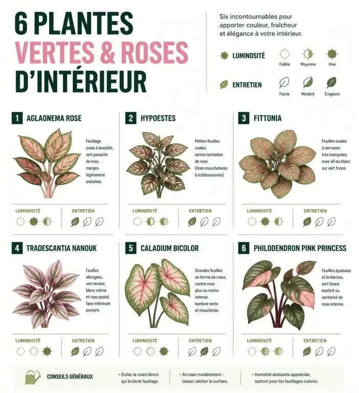 Infographie comparative de plantes vertes et roses d’intérieur selon leur feuillage, leur lumière et leur entretien