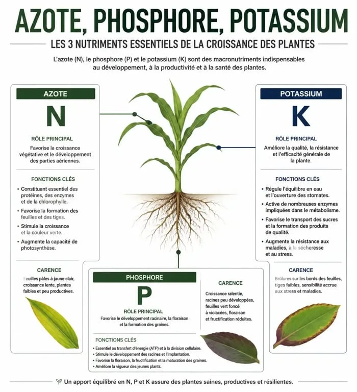 Infographie sur le rôle des éléments NPK dans l'engrais pour plantes vertes