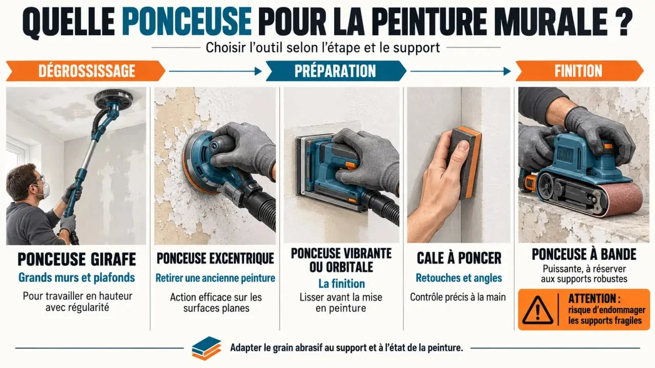 Infographie pour choisir une ponceuse peinture murale selon la surface et la finition