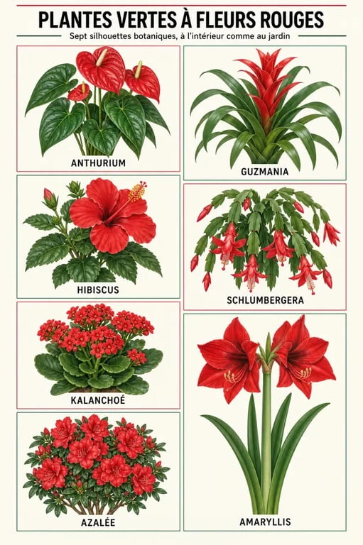 Plantes vertes à fleurs rouges : anthurium, guzmania, hibiscus, schlumbergera, kalanchoé, azalée et amaryllis