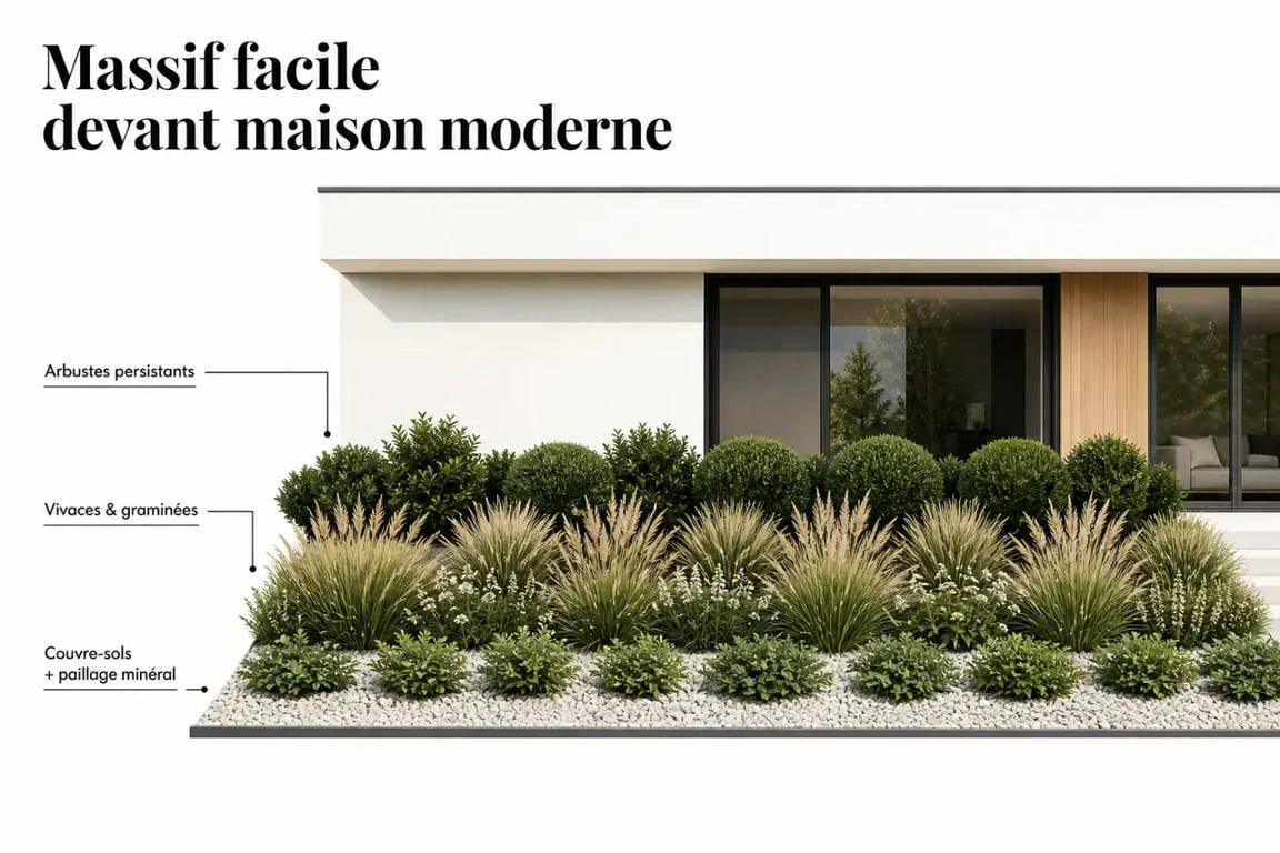 Parterre devant maison sans entretien avec arbustes persistants, vivaces sobres et paillage minéral devant une façade moderne