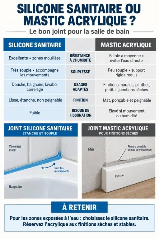 Infographie comparative sur le silicone salle de bain et le mastic acrylique