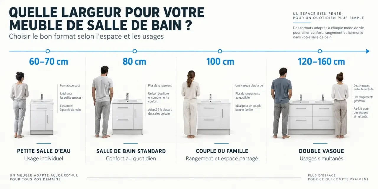 Infographie des formats d’un meuble de salle de bain blanc de 60 à 160 cm et de leurs usages