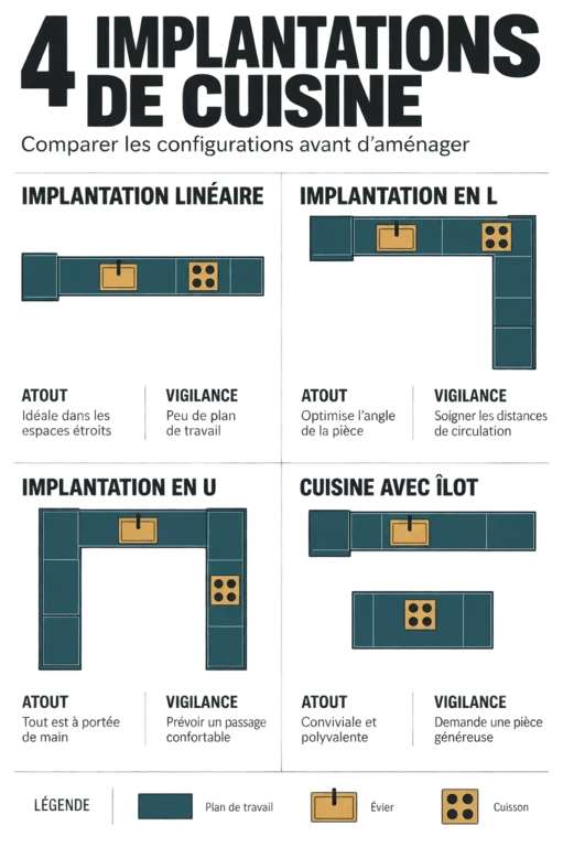 Infographie des configurations de cuisine équipée et aménagée : linéaire, en L, en U et avec îlot