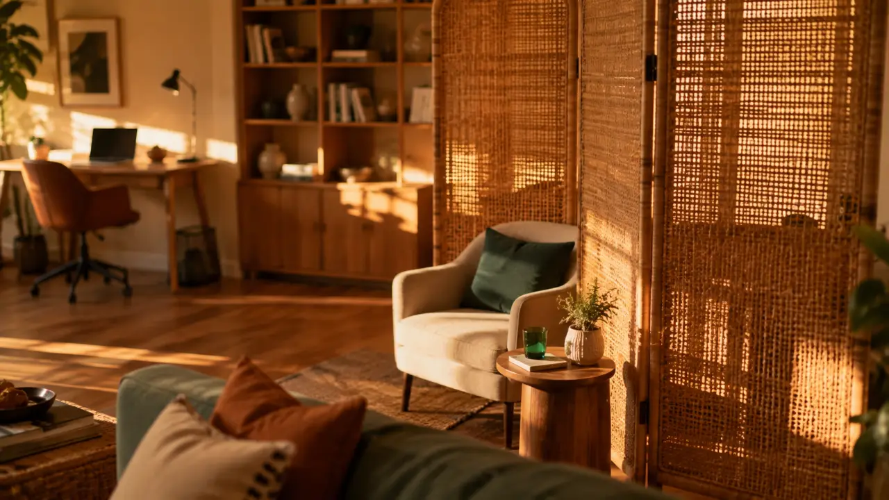 Paravent décoration intérieure en rotin ajouré, sépare un coin lecture et réchauffe le salon