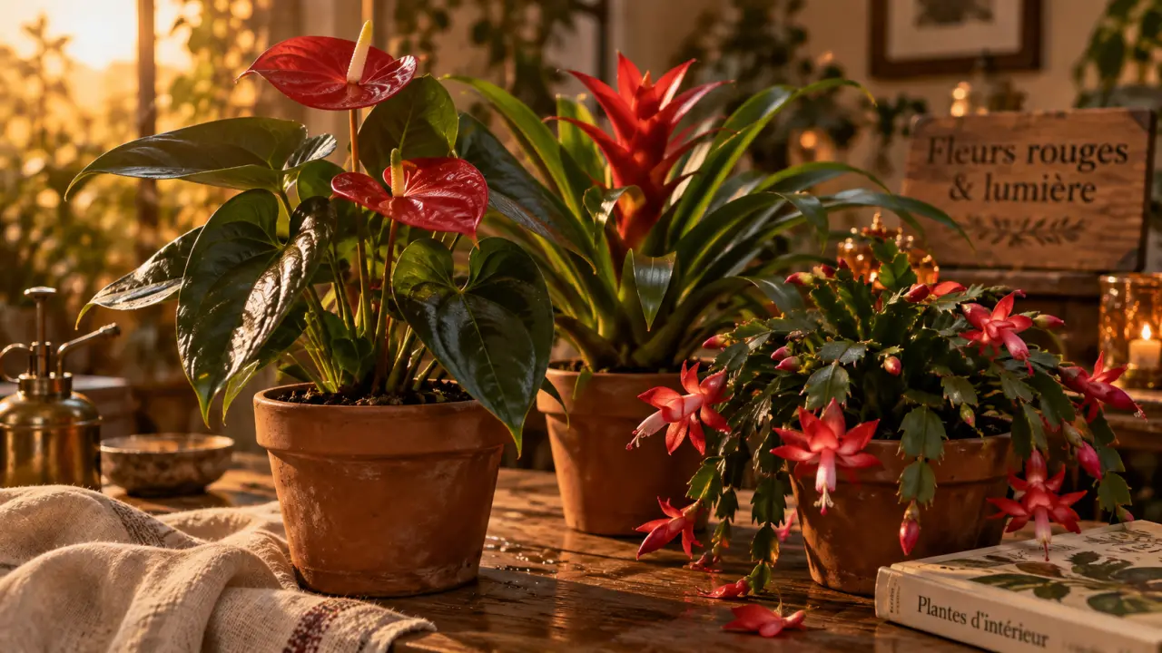 Plantes vertes fleurs rouges : anthurium, guzmania et schlumbergera en pot}}}