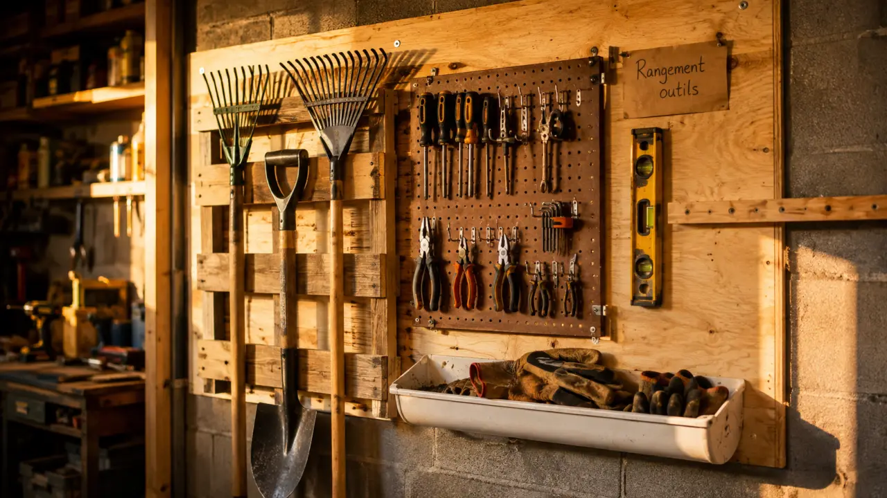 Rangement outils mural fait maison : panneau DIY palette et crochets