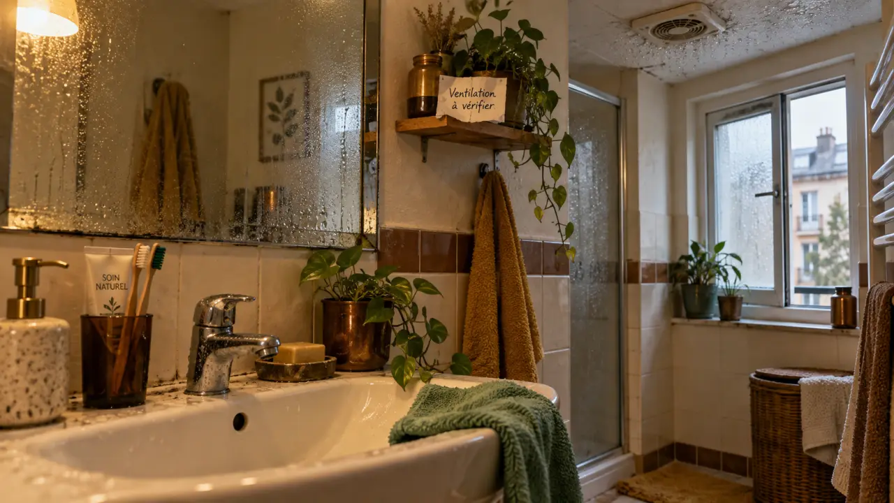 Ventilation dans une salle de bain : buée et gouttelettes près de la bouche d’extraction