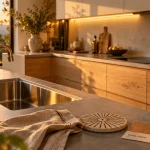 Cuisine équipée bois chêne clair en golden hour, plans gris et caissons crème