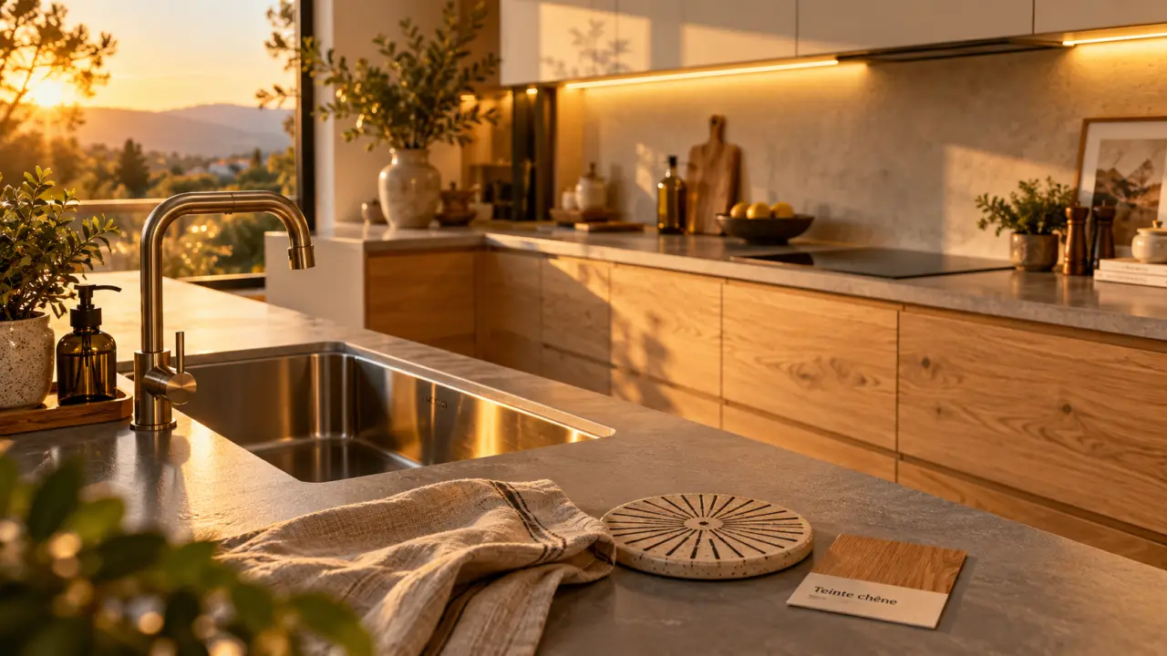 Cuisine équipée bois chêne clair en golden hour, plans gris et caissons crème