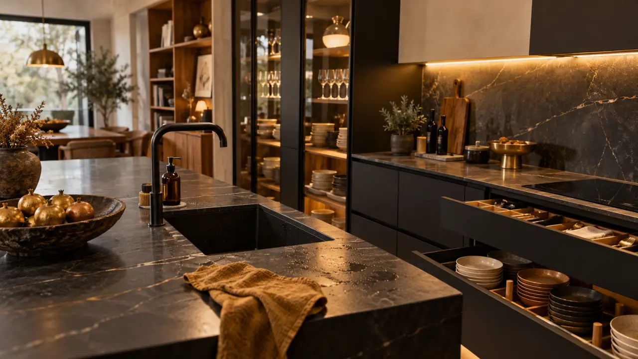Cuisine équipée noir : îlot noir mat et façade sombre, éclairage LED
