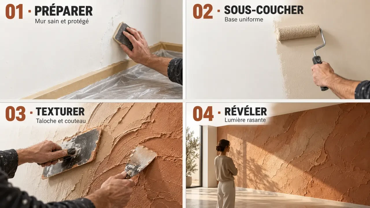 Étapes de réalisation d'une peinture relief murale avec préparation du support, taloche et couteau à peindre