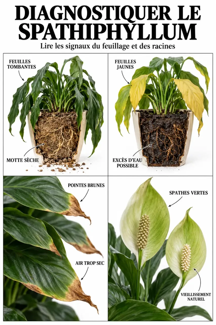 Diagnostic des symptômes d’une plante verte à fleurs blanches, le Spathiphyllum