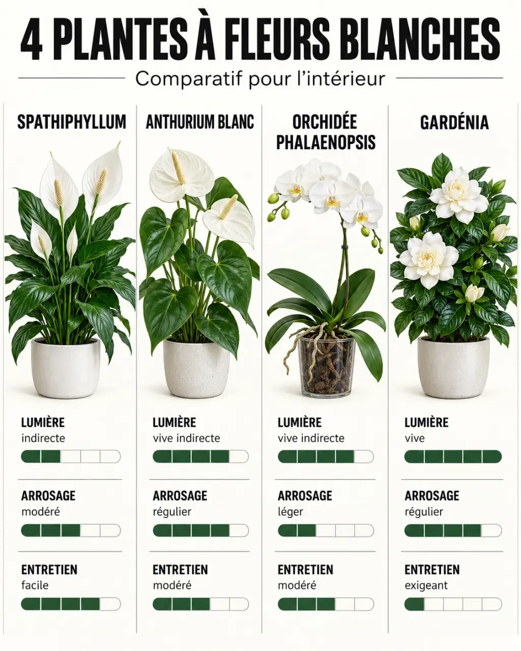 Comparaison de plantes vertes à fleurs blanches : Spathiphyllum, anthurium, orchidée et gardénia