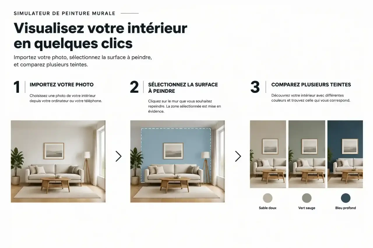 Étapes d'utilisation d'un simulateur de peinture murale : import de la photo, sélection du mur et comparaison de trois teintes