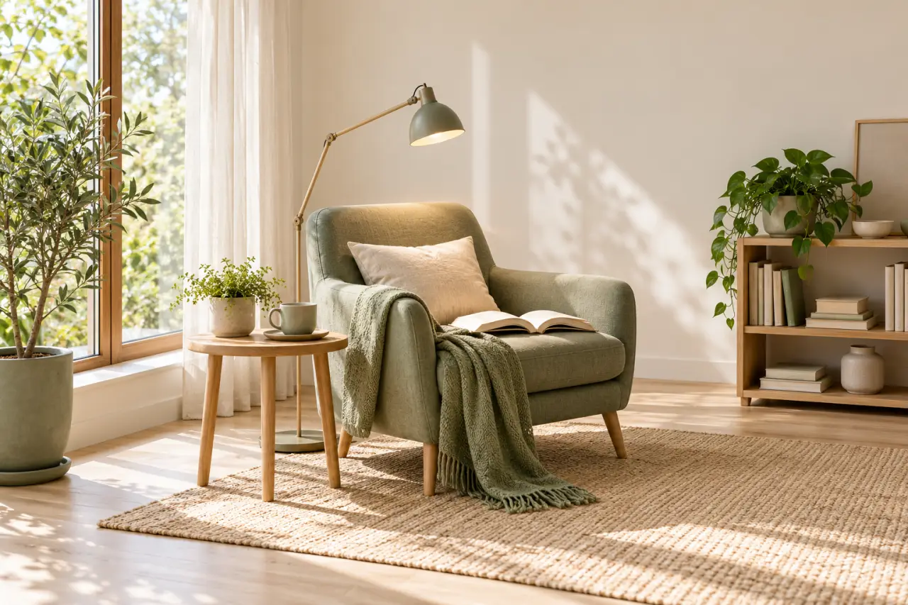 Coin lecture relaxant pour un intérieur sain dans un petit salon, avec fauteuil, éclairage latéral et rangement accessible