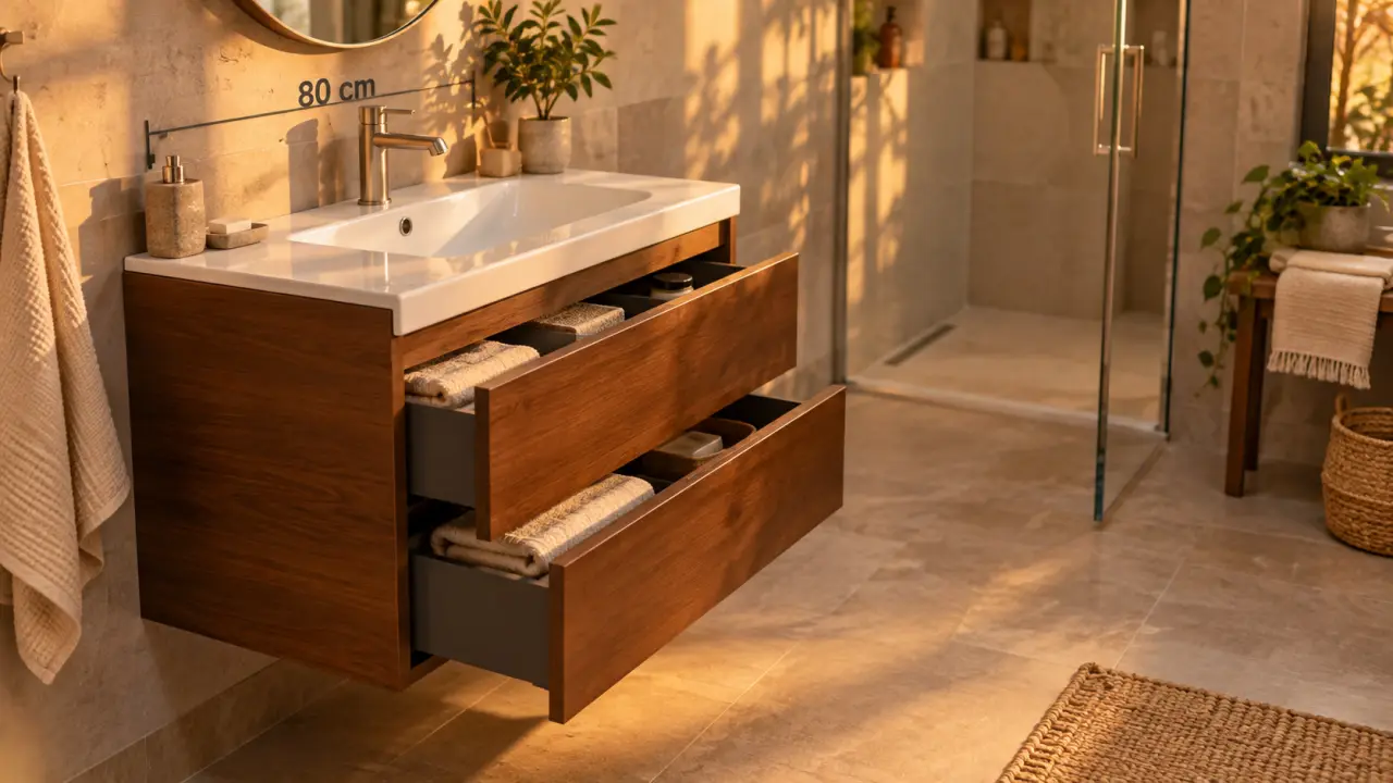 Meuble salle de bain 80 cm suspendu bois, vasque blanche et tiroirs
