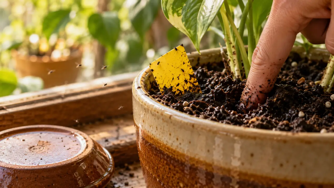 Moucherons plantes vertes près du terreau humide et d’un piège jaune en intérieur