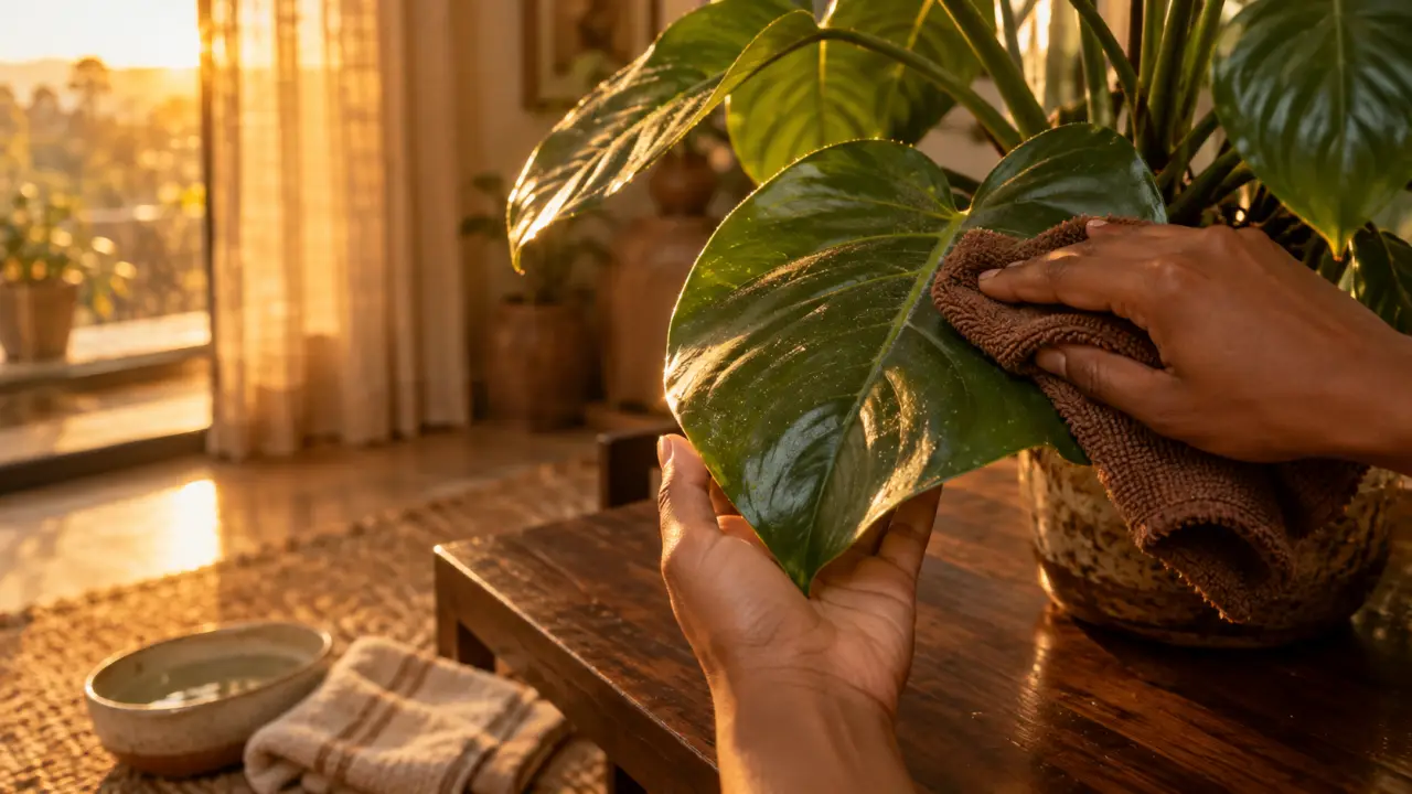 Nettoyer les feuilles des plantes vertes au chiffon microfibre