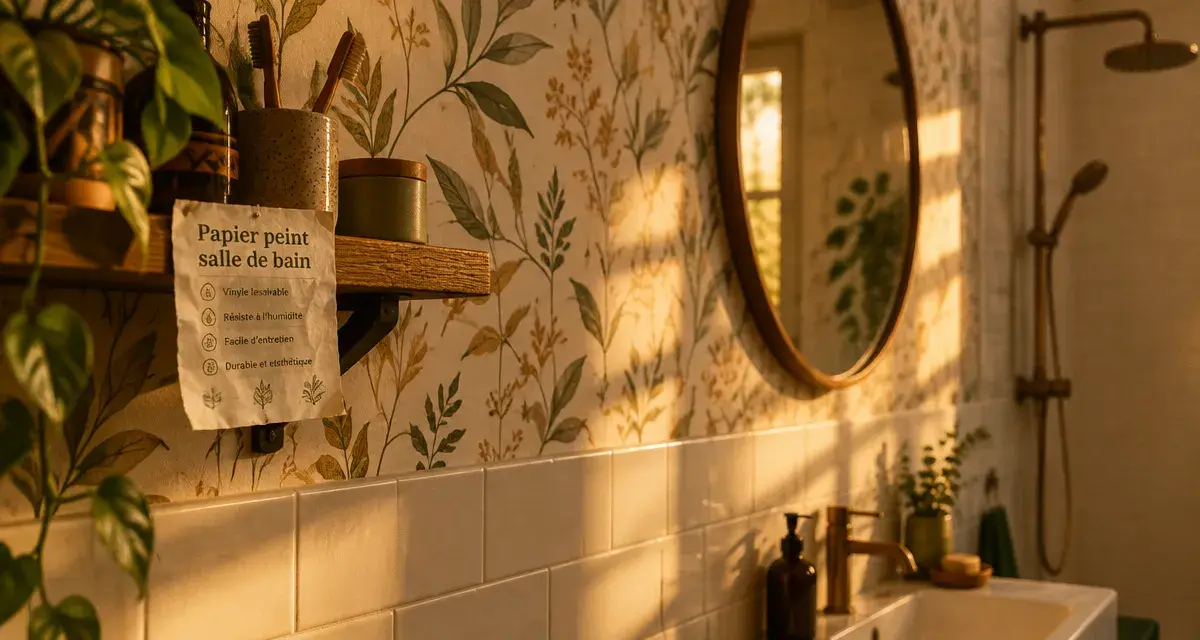 Papier peint salle de bain sur mur, vinyle lessivable, salle de bain au golden hour
