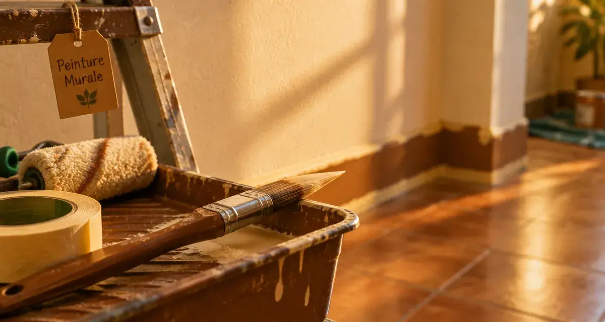 Pinceau pour peinture murale sur bac, rouleau et ruban de masquage, mur en cours de peinture