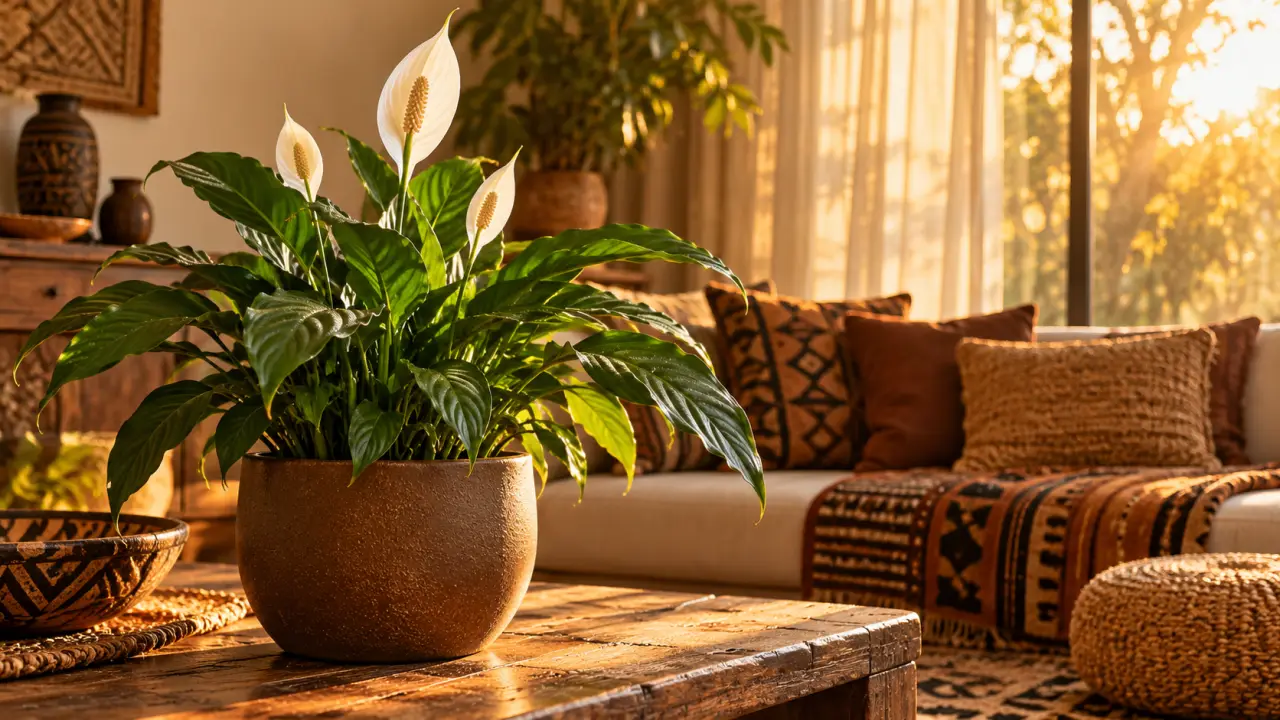 Plantes vertes à fleurs blanches : spathiphyllum blanc en pot, feuilles vertes