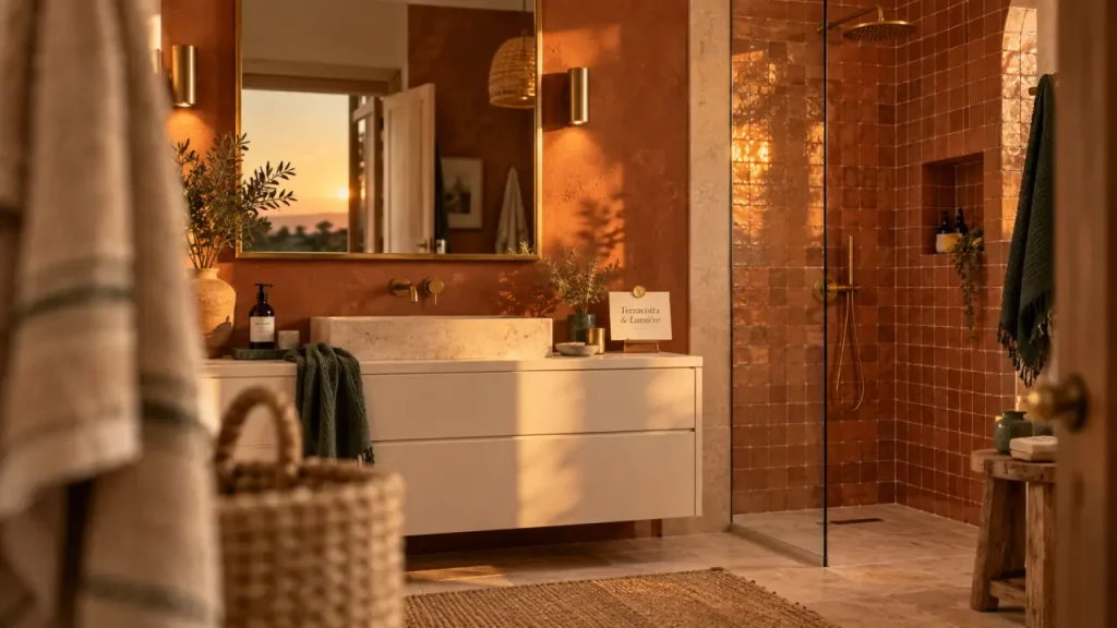 La salle de bain terracotta réchauffe la pièce, à condition de maîtriser la lumière