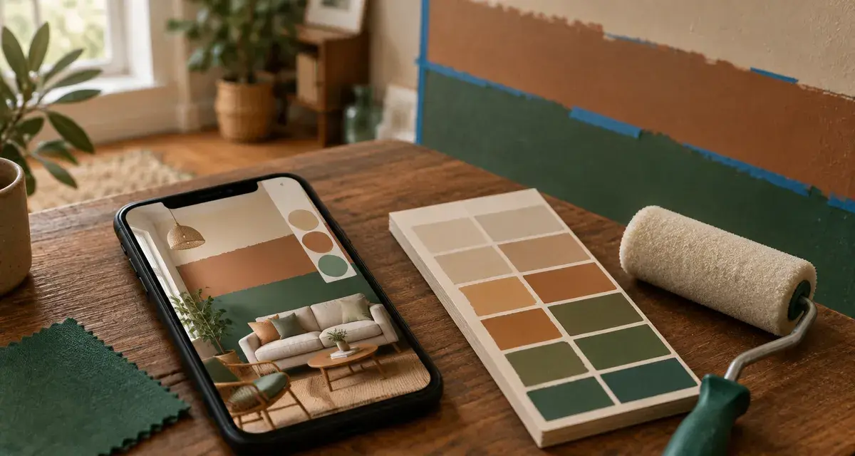 Simulateur peinture murale sur smartphone : photo du salon et teintes de peinture